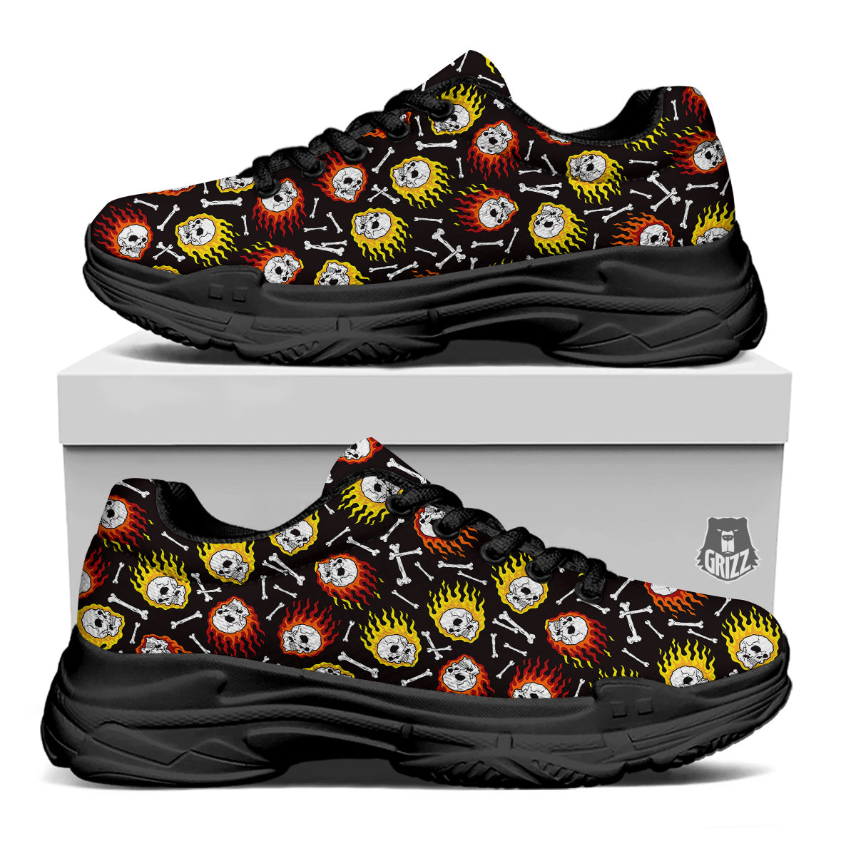 Flaming Skulls And Bone Print Pattern Black Chunky Shoes-grizzshop