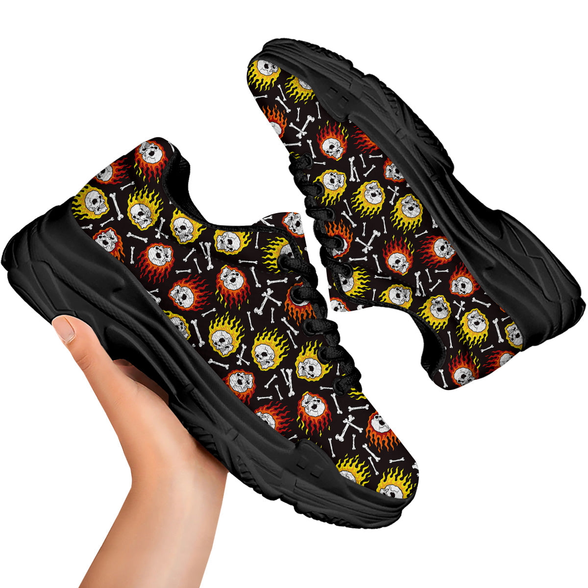 Flaming Skulls And Bone Print Pattern Black Chunky Shoes-grizzshop