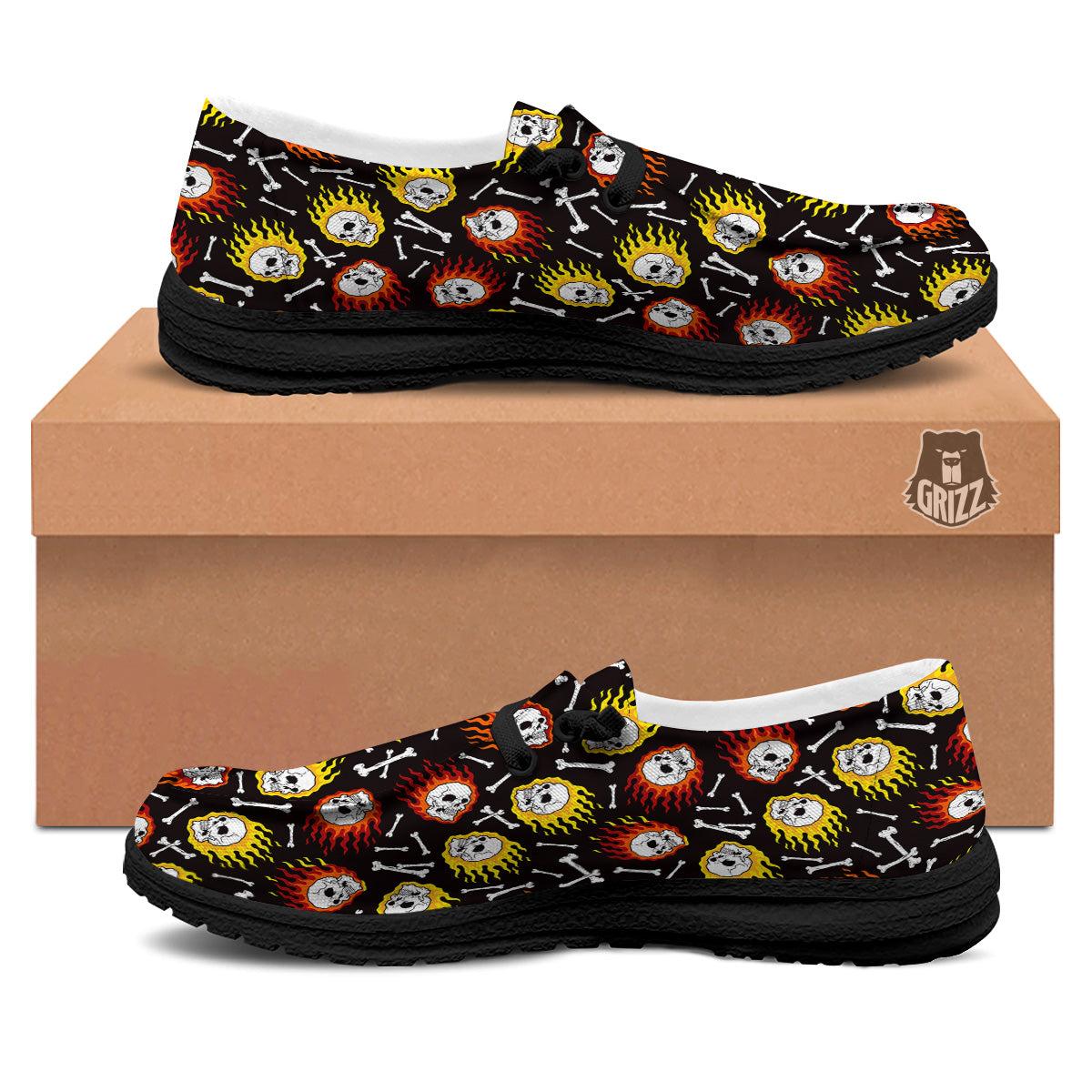 Flaming Skulls And Bone Print Pattern Black Loafers-grizzshop