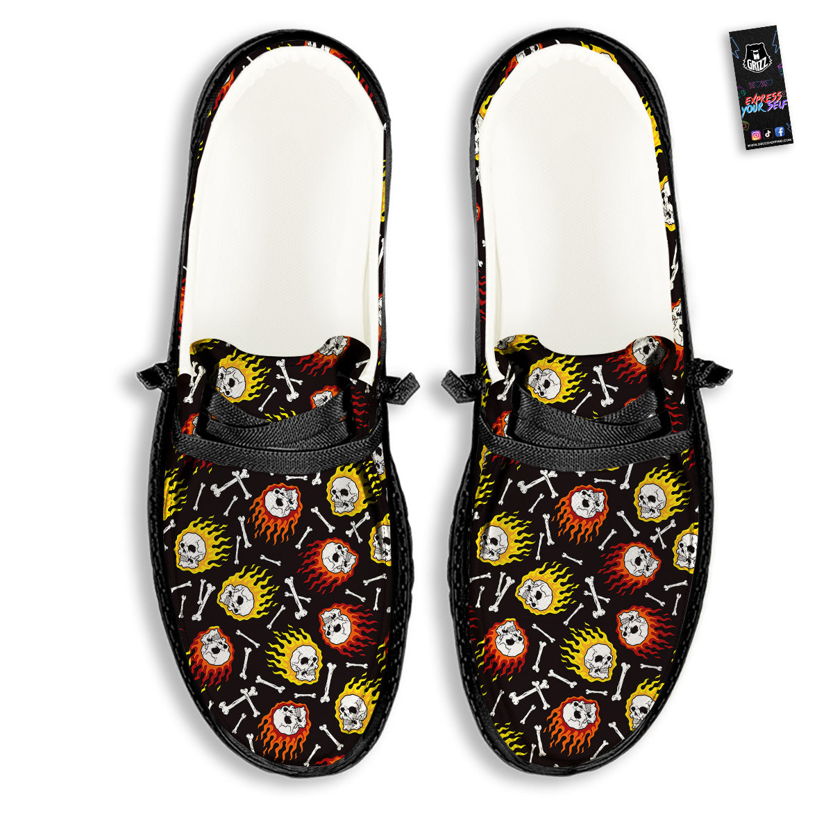 Flaming Skulls And Bone Print Pattern Black Loafers-grizzshop