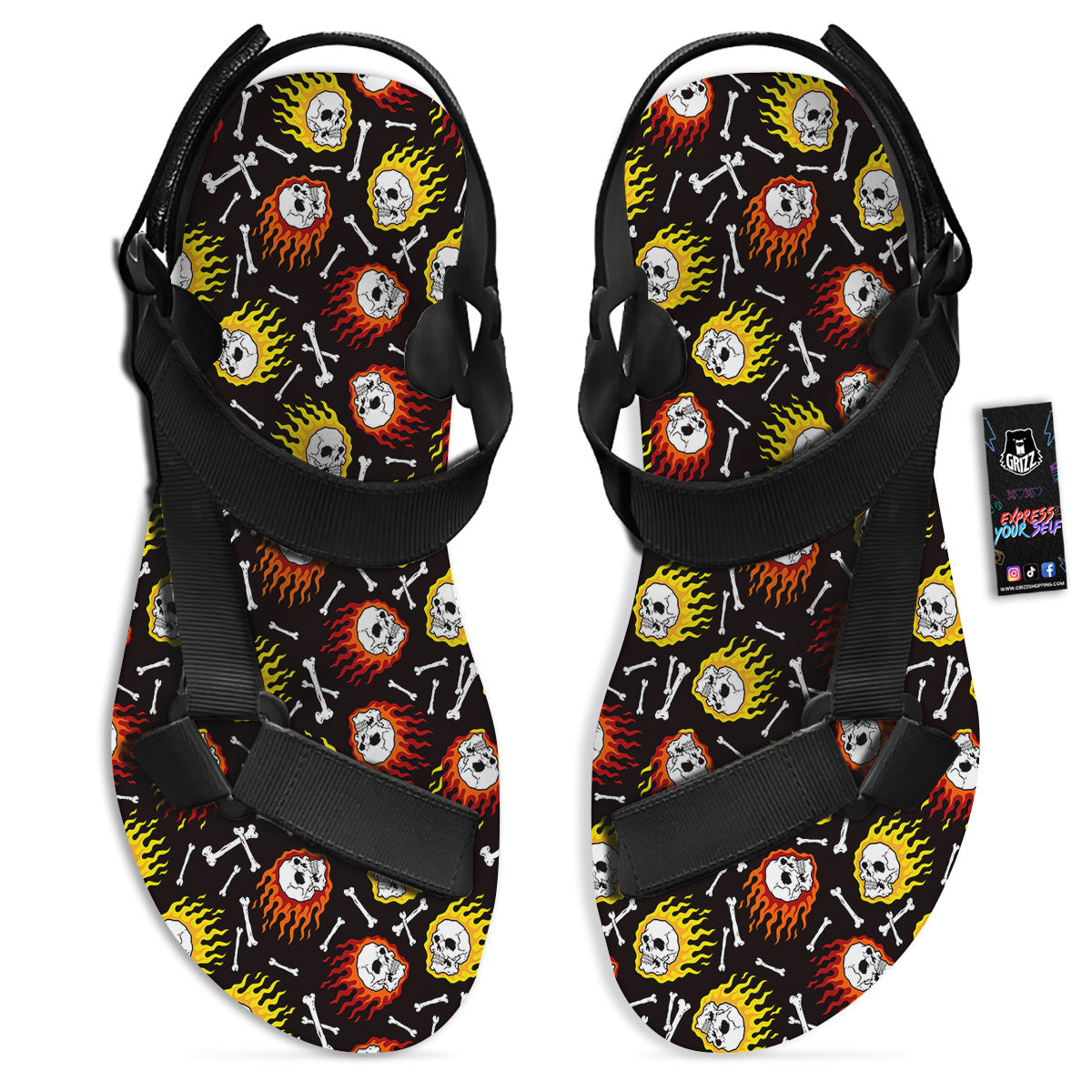 Flaming Skulls And Bone Print Pattern Black Open Toe Sandals-grizzshop