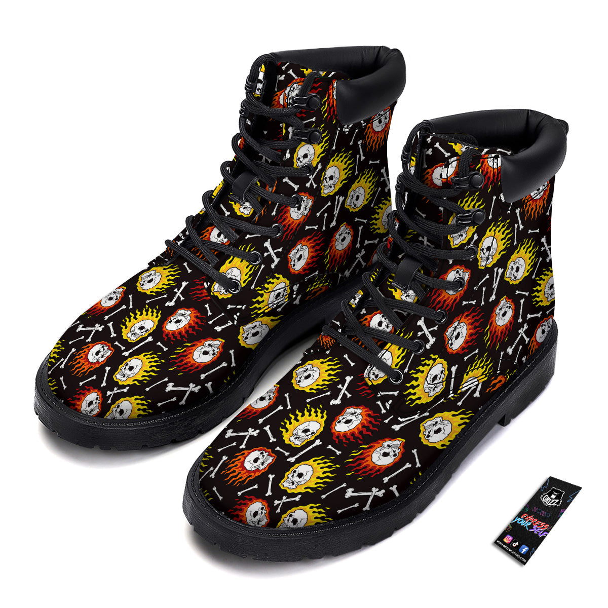 Flaming Skulls And Bone Print Pattern Boots-grizzshop