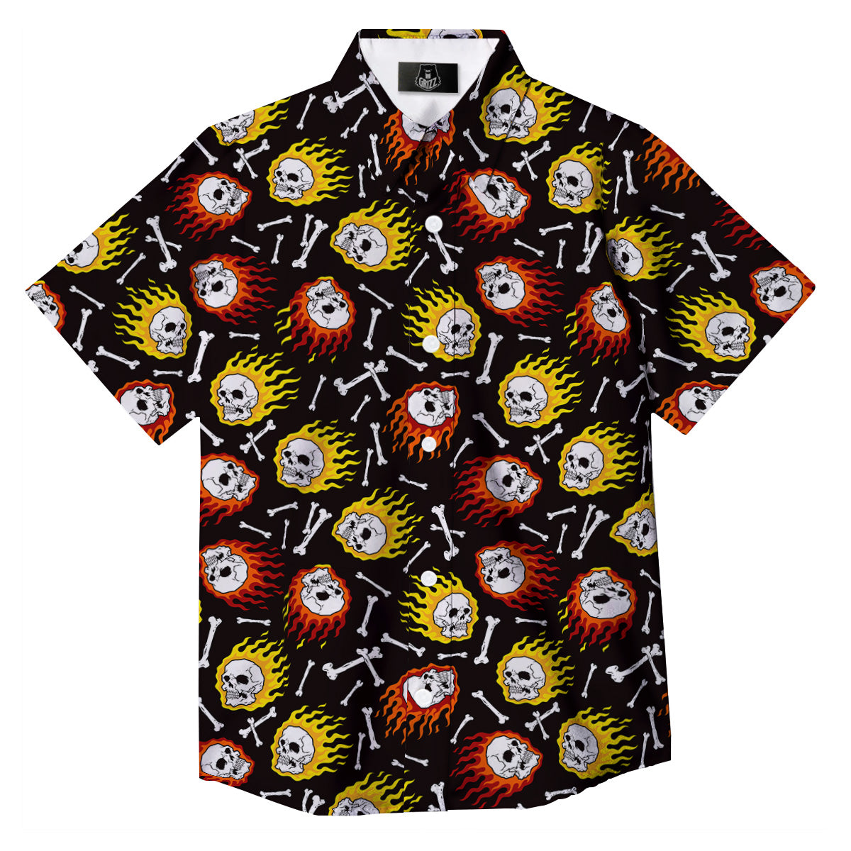 Flaming Skulls And Bone Print Pattern Button Up Shirt-grizzshop