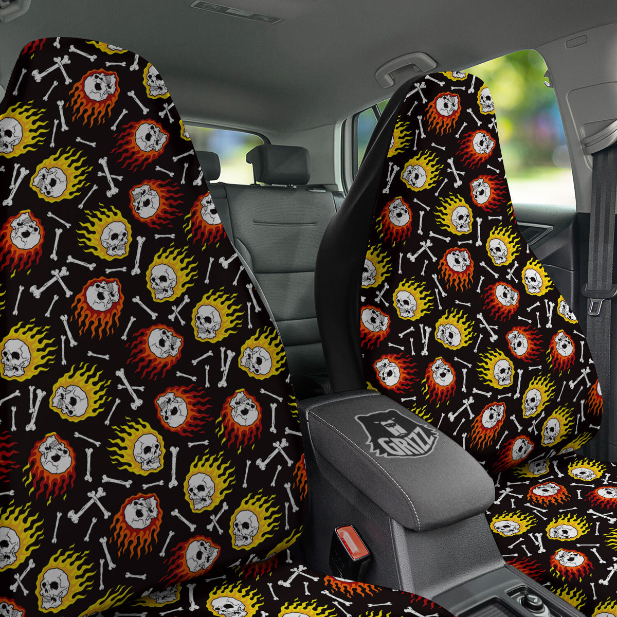 Flaming Skulls And Bone Print Pattern Car Seat Covers-grizzshop