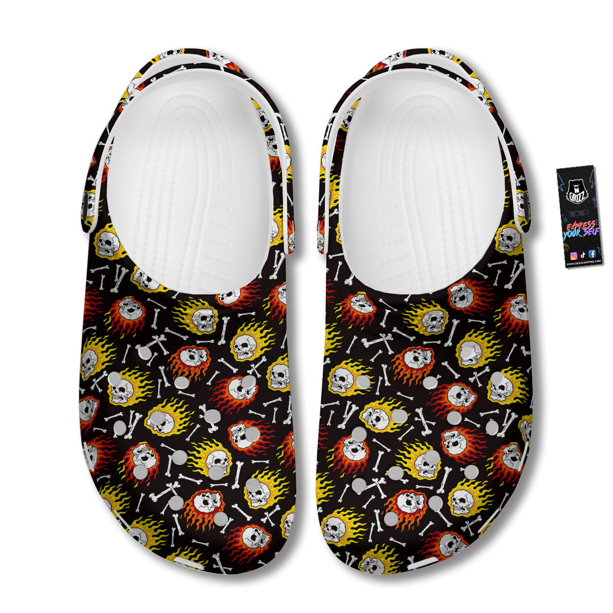 Flaming Skulls And Bone Print Pattern Clog-grizzshop