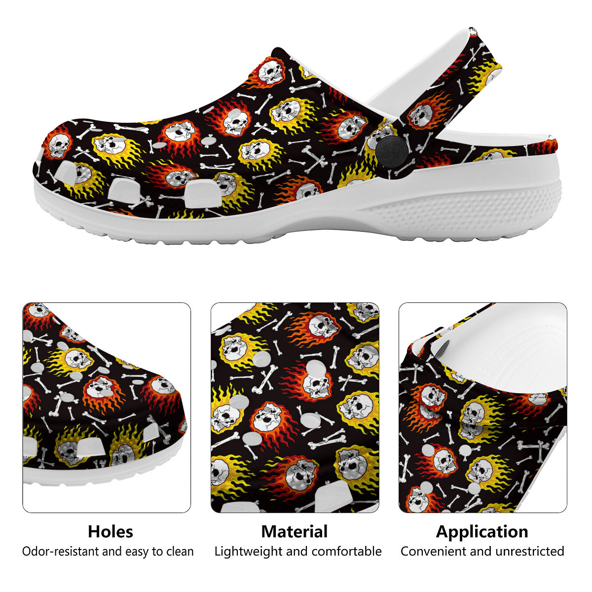 Flaming Skulls And Bone Print Pattern Clog-grizzshop