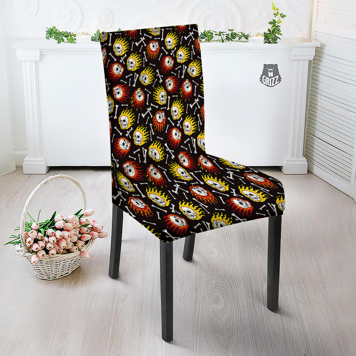 Flaming Skulls And Bone Print Pattern Dining Chair Slipcover-grizzshop