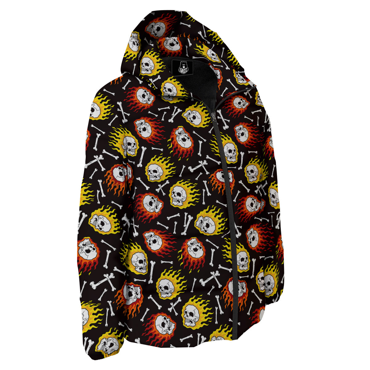 Flaming Skulls And Bone Print Pattern Down Jacket-grizzshop