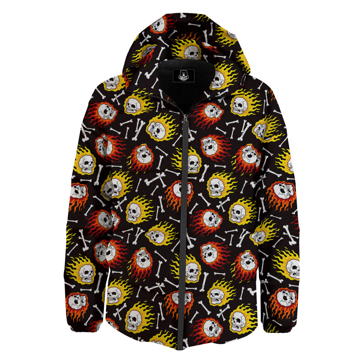 Flaming Skulls And Bone Print Pattern Down Jacket-grizzshop