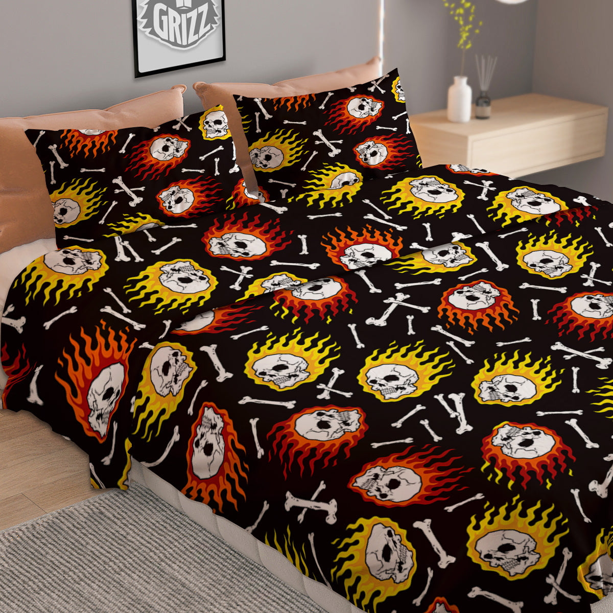 Flaming Skulls And Bone Print Pattern Duvet Cover Bedding Set