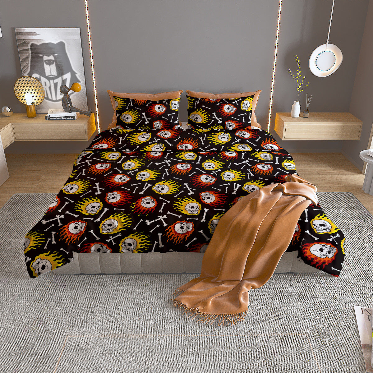 Flaming Skulls And Bone Print Pattern Duvet Cover Bedding Set