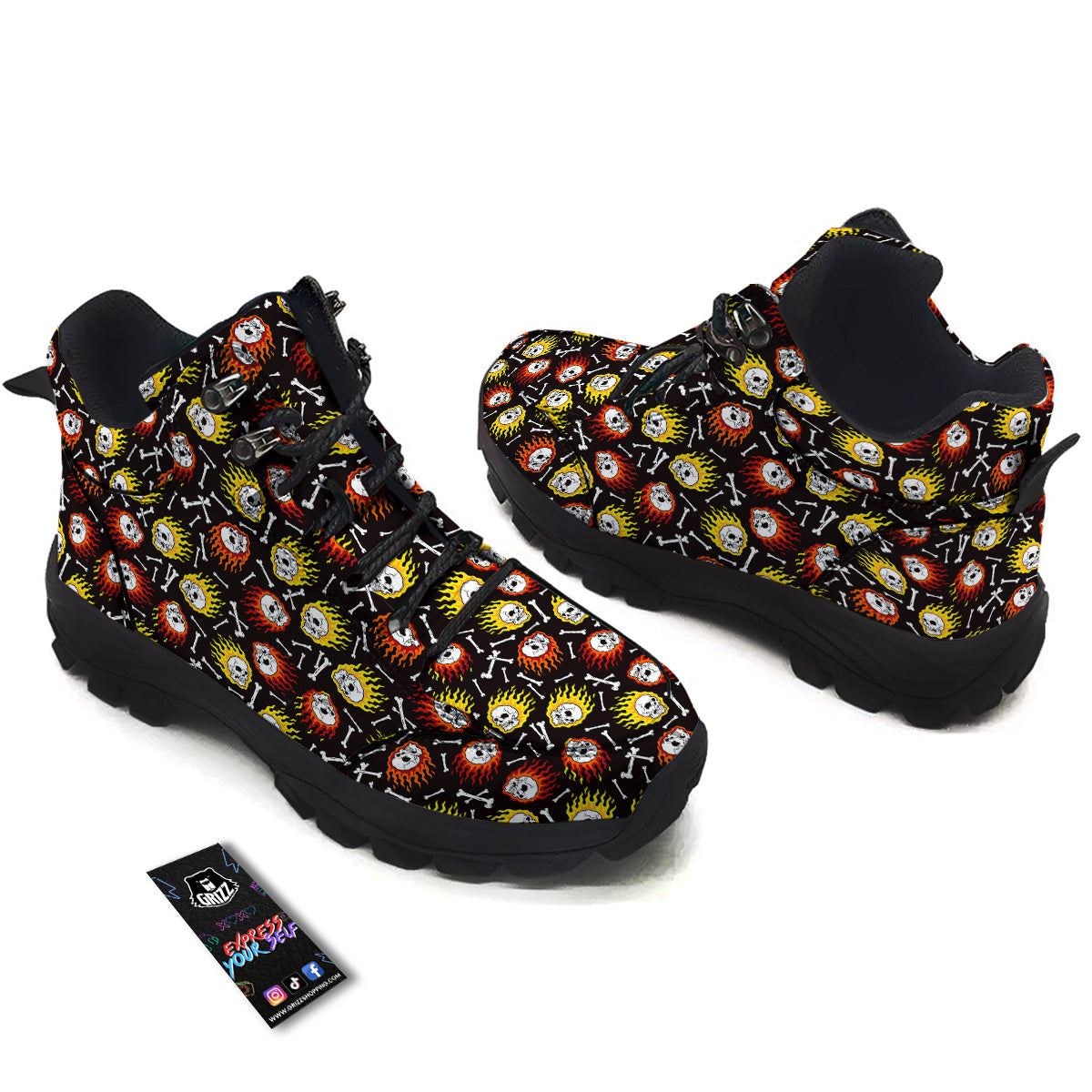 Flaming Skulls And Bone Print Pattern Hiking Shoes-grizzshop