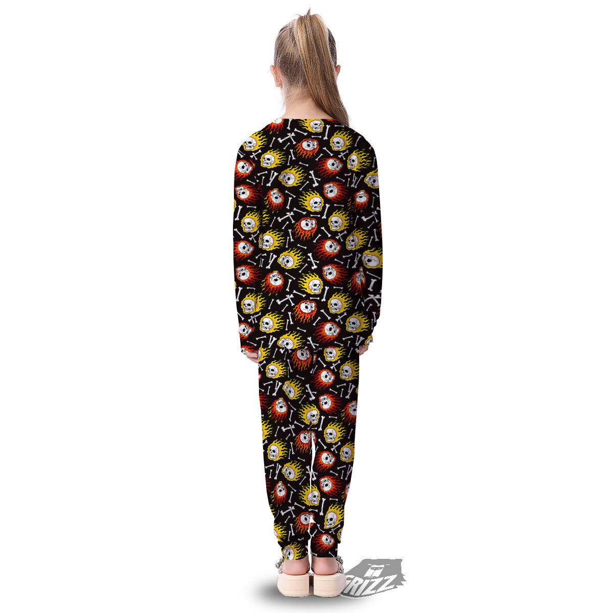 Flaming Skulls And Bone Print Pattern Kid's Pajamas-grizzshop