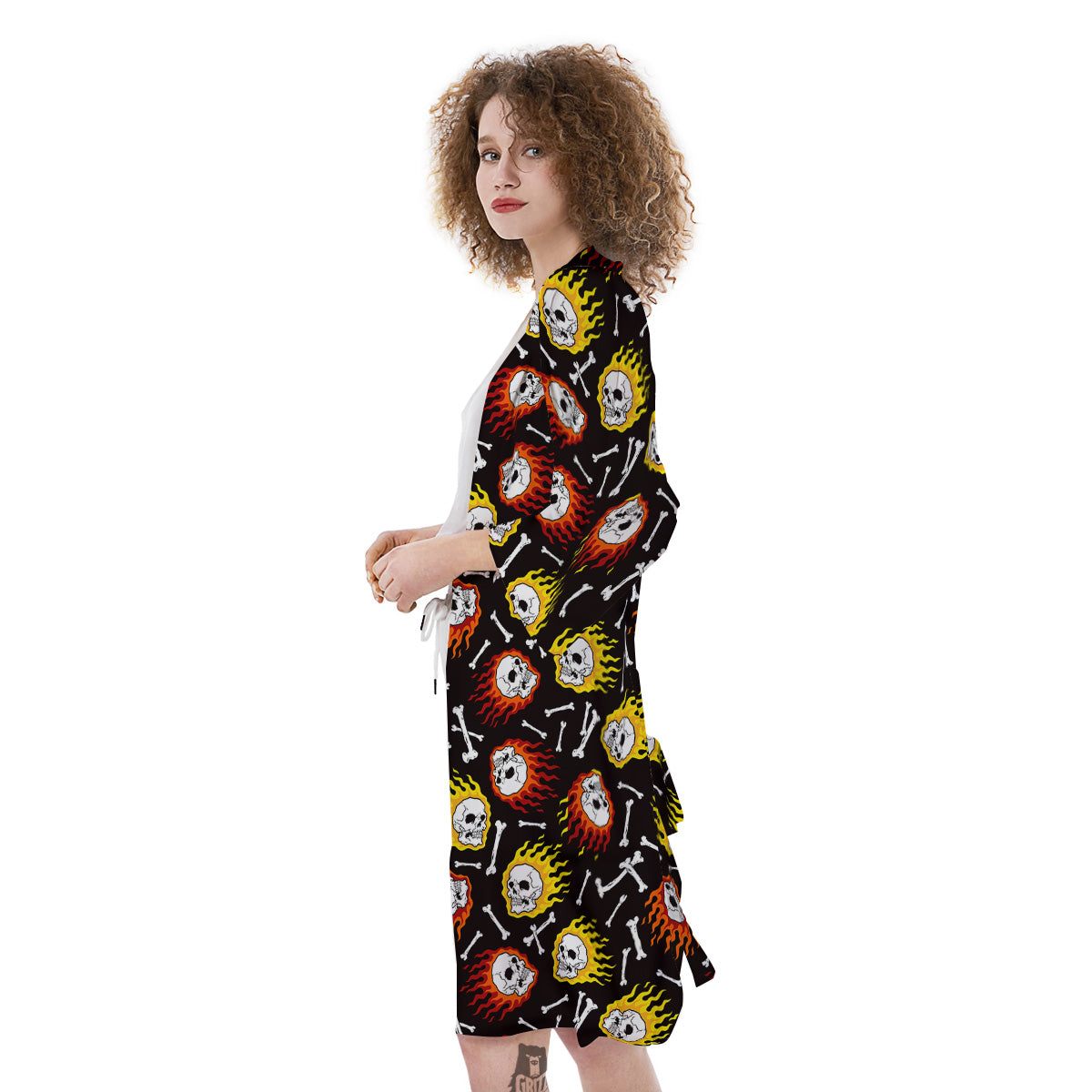Flaming Skulls And Bone Print Pattern Kimono-grizzshop