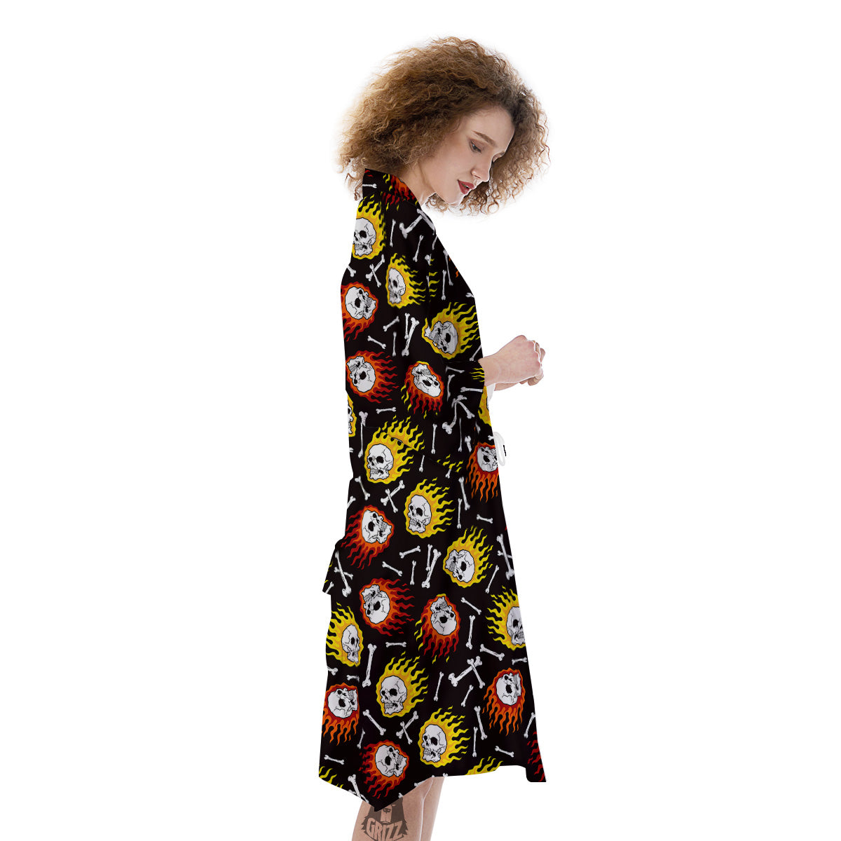 Flaming Skulls And Bone Print Pattern Kimono-grizzshop