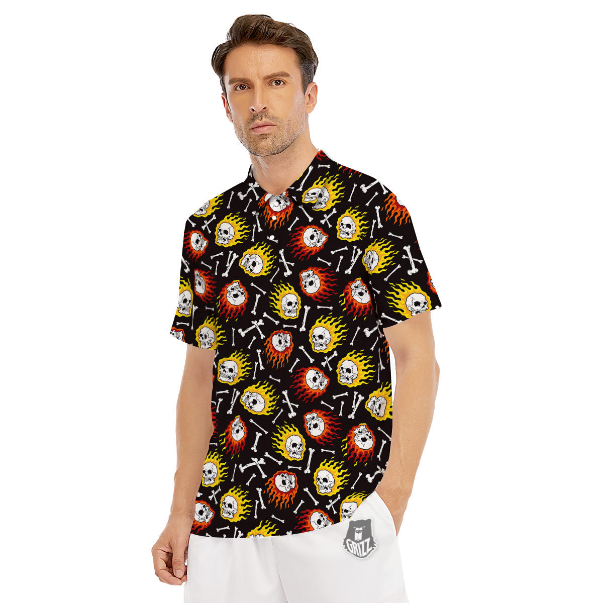 Flaming Skulls And Bone Print Pattern Men's Golf Shirts-grizzshop