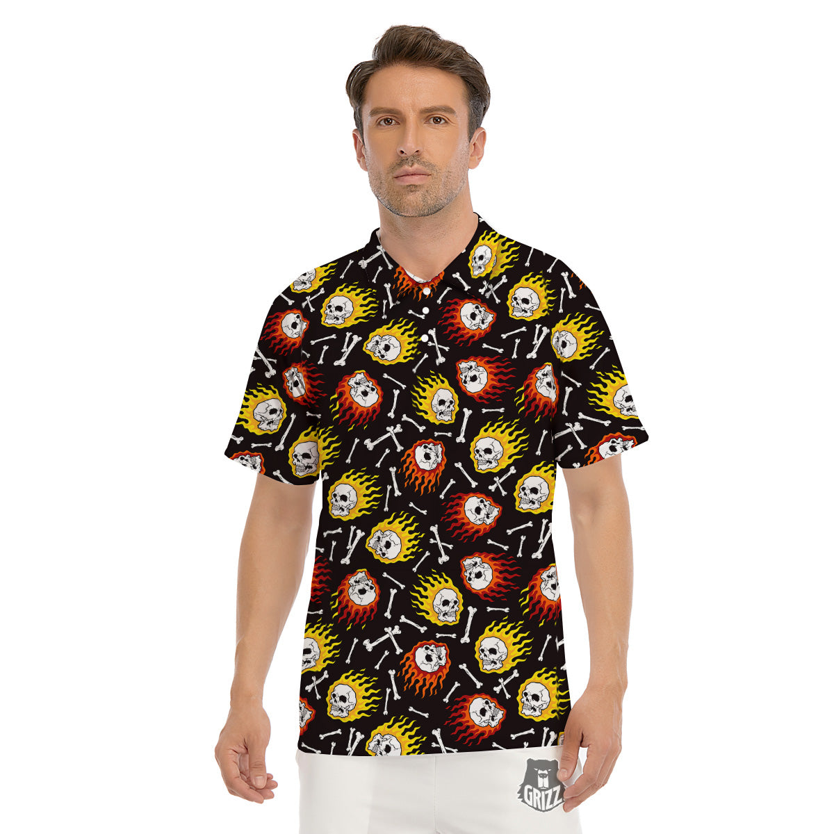 Flaming Skulls And Bone Print Pattern Men's Golf Shirts-grizzshop