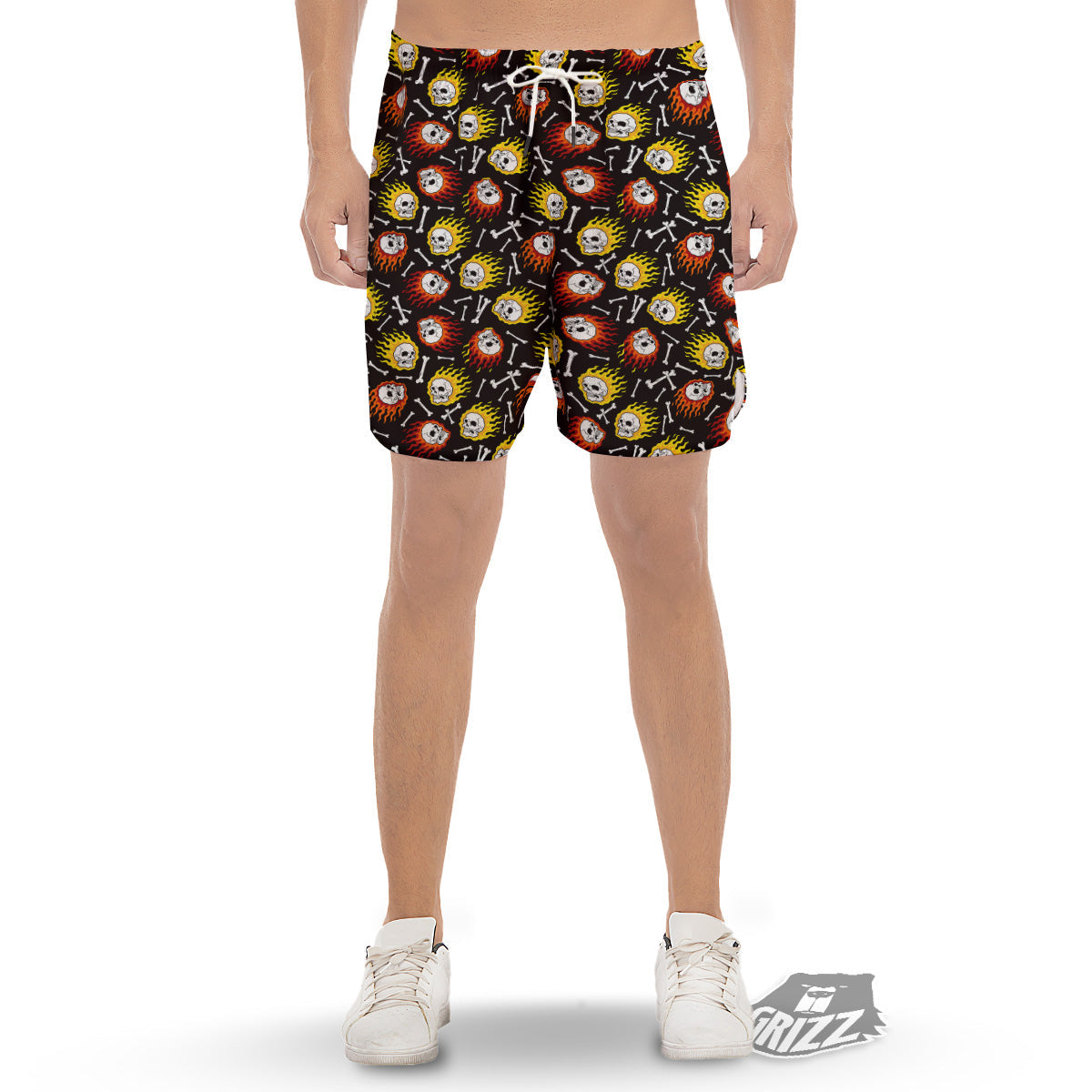 Flaming Skulls And Bone Print Pattern Men's Gym Shorts-grizzshop