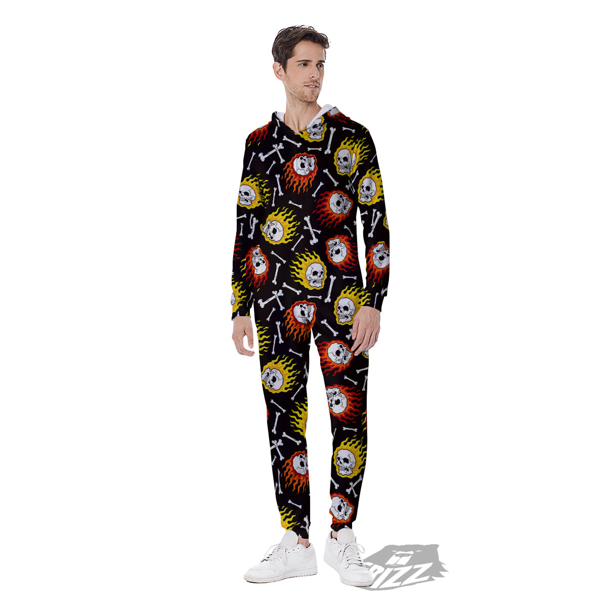 Flaming Skulls And Bone Print Pattern Men's Jumpsuit-grizzshop