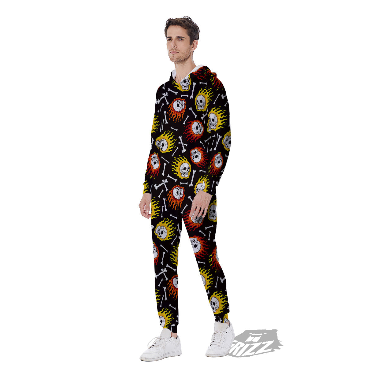 Flaming Skulls And Bone Print Pattern Men's Jumpsuit-grizzshop