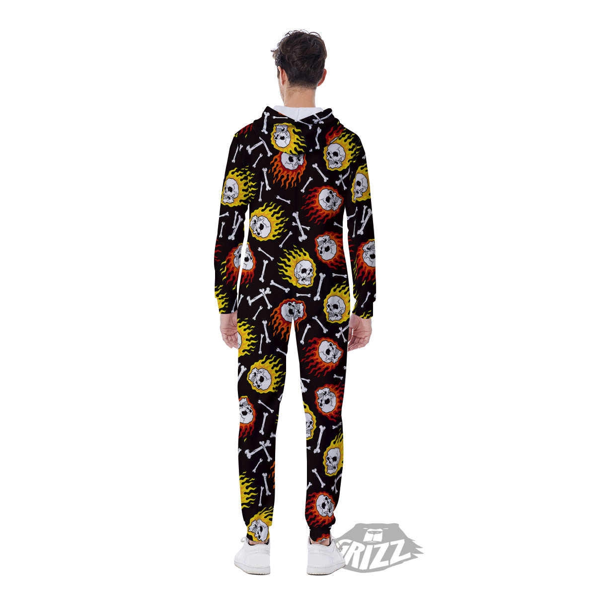 Flaming Skulls And Bone Print Pattern Men's Jumpsuit-grizzshop