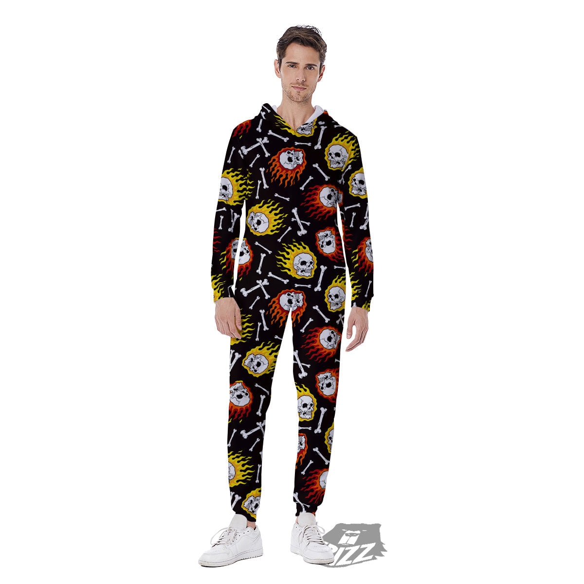 Flaming Skulls And Bone Print Pattern Men's Jumpsuit-grizzshop