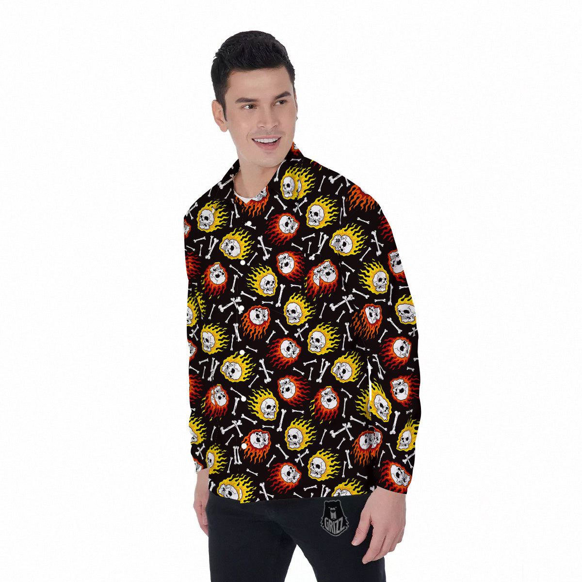 Flaming Skulls And Bone Print Pattern Men's Long Sleeve Shirts-grizzshop