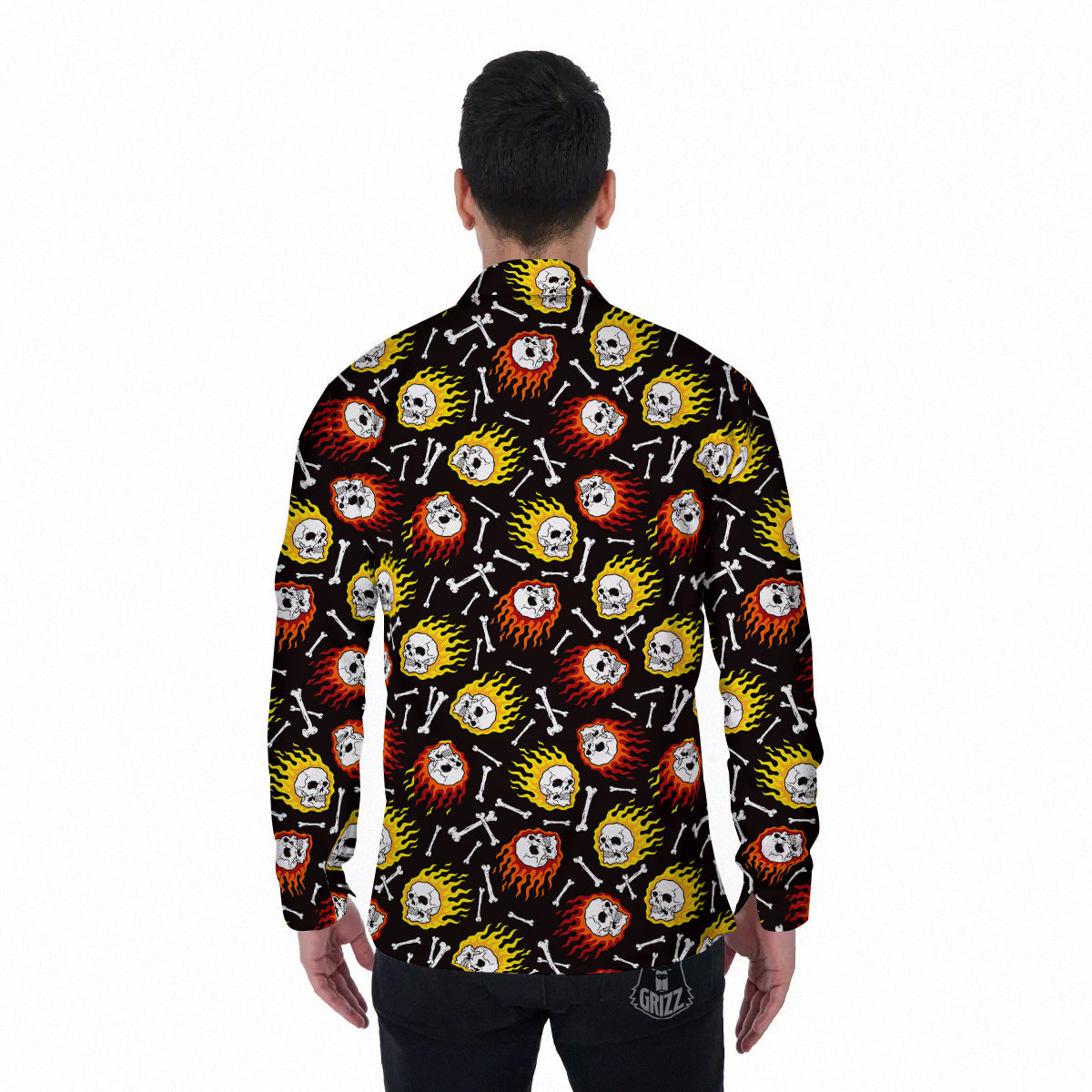 Flaming Skulls And Bone Print Pattern Men's Long Sleeve Shirts-grizzshop