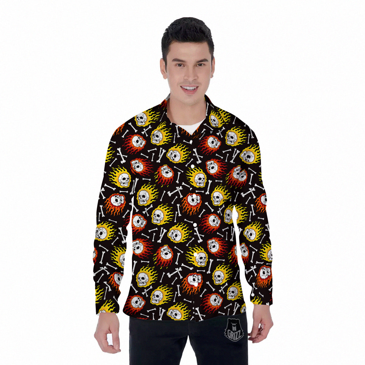 Flaming Skulls And Bone Print Pattern Men's Long Sleeve Shirts-grizzshop