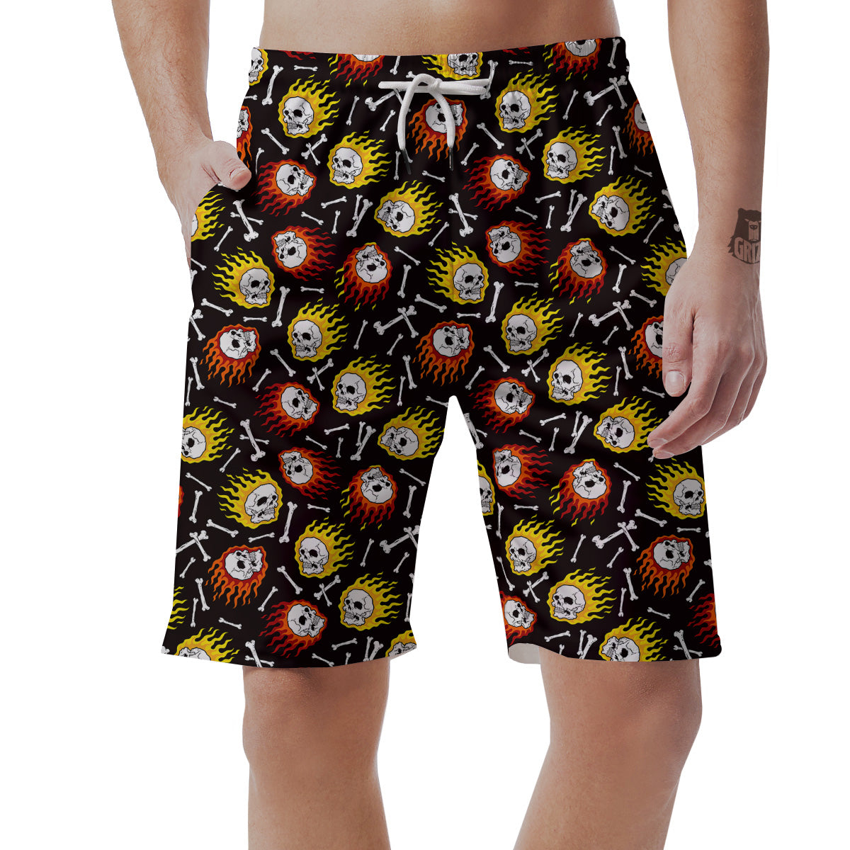 Flaming Skulls And Bone Print Pattern Men's Shorts-grizzshop