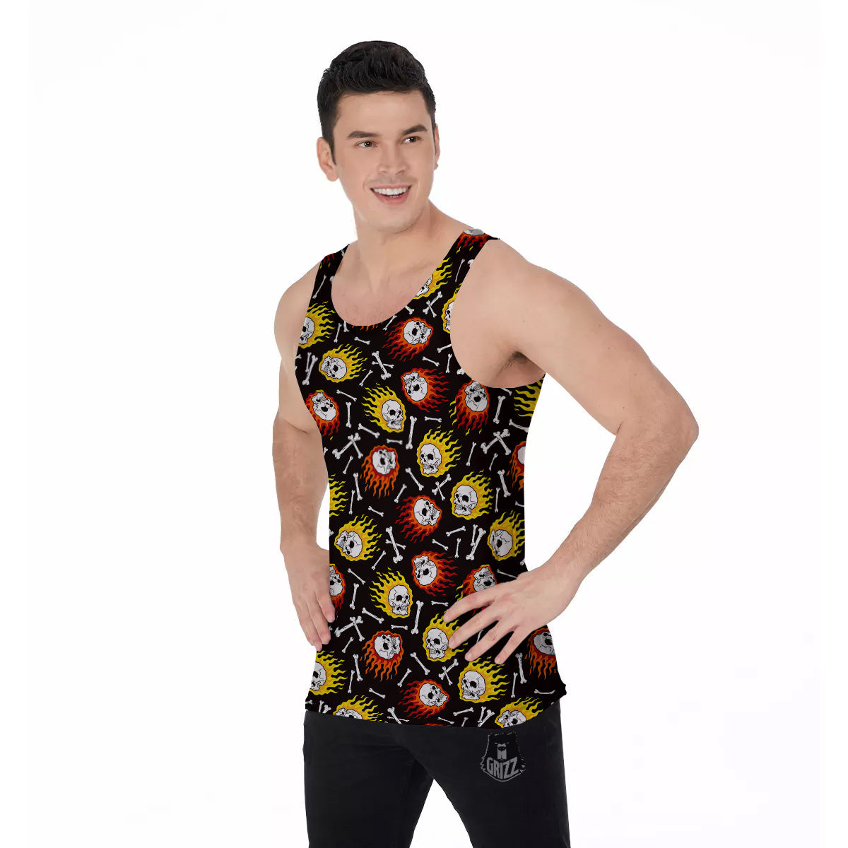 Flaming Skulls And Bone Print Pattern Men's Tank Top-grizzshop