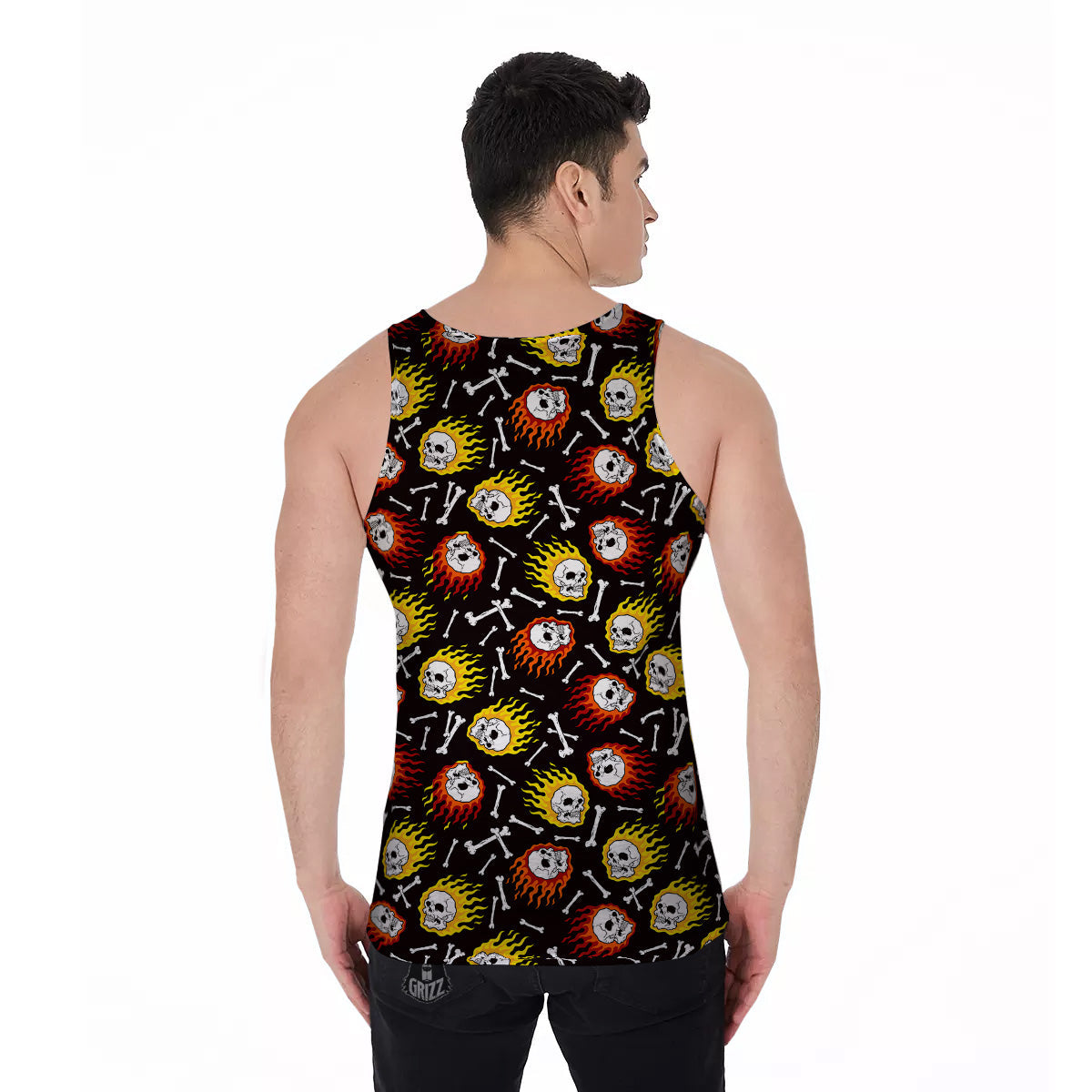 Flaming Skulls And Bone Print Pattern Men's Tank Top-grizzshop