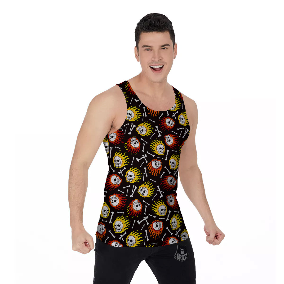 Flaming Skulls And Bone Print Pattern Men's Tank Top-grizzshop