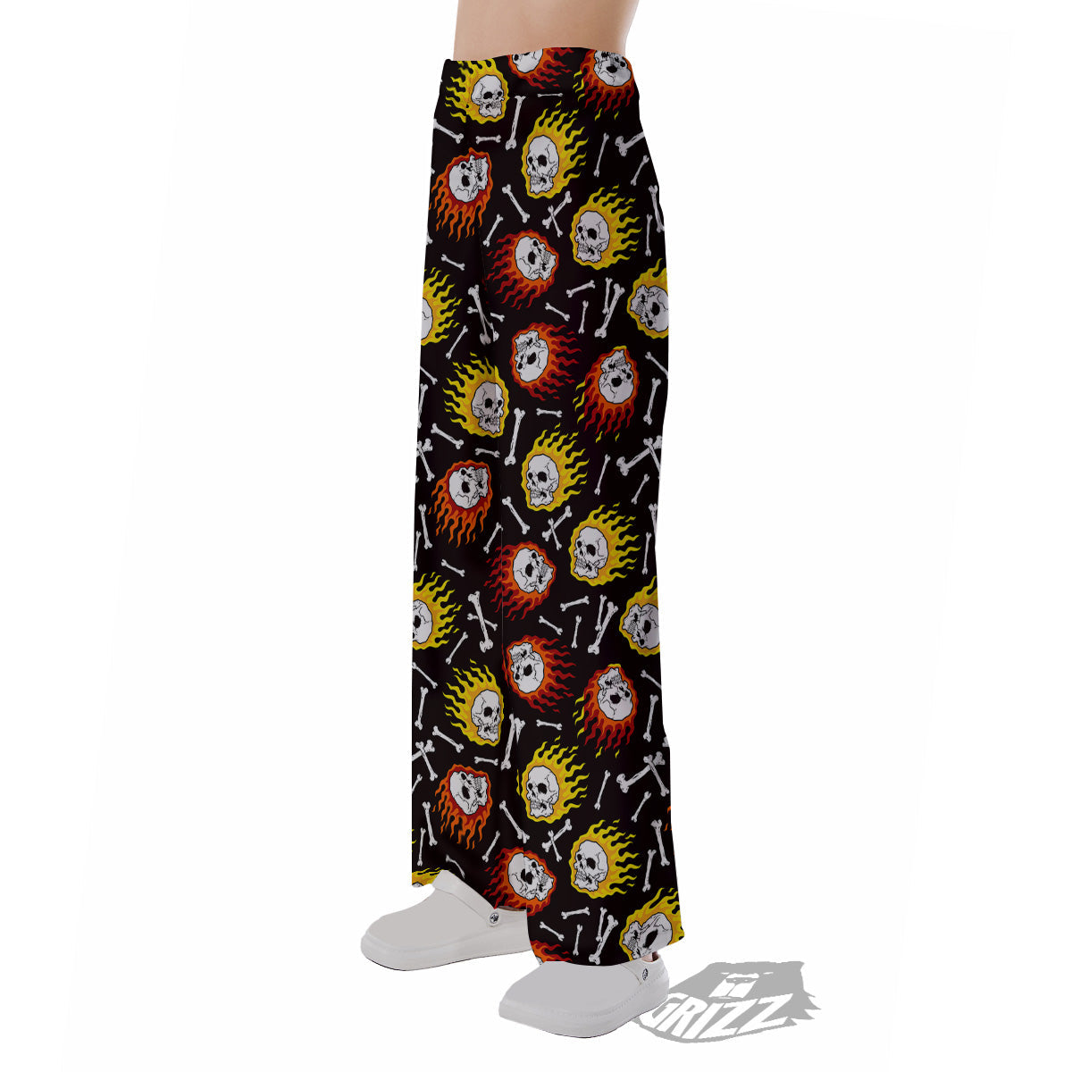 Flaming Skulls And Bone Print Pattern Pajama Pants-grizzshop