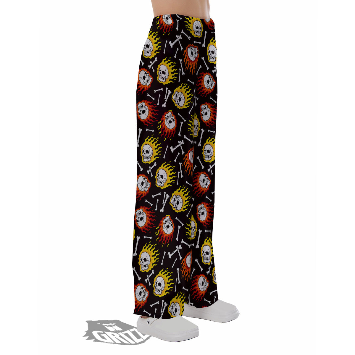 Flaming Skulls And Bone Print Pattern Pajama Pants-grizzshop