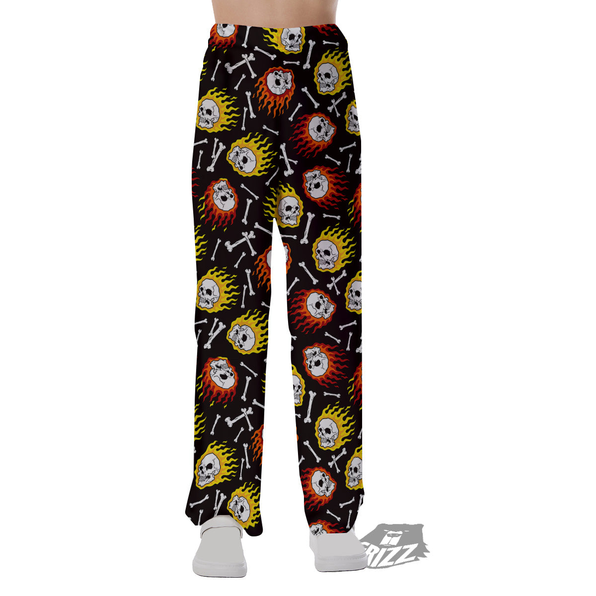 Flaming Skulls And Bone Print Pattern Pajama Pants-grizzshop