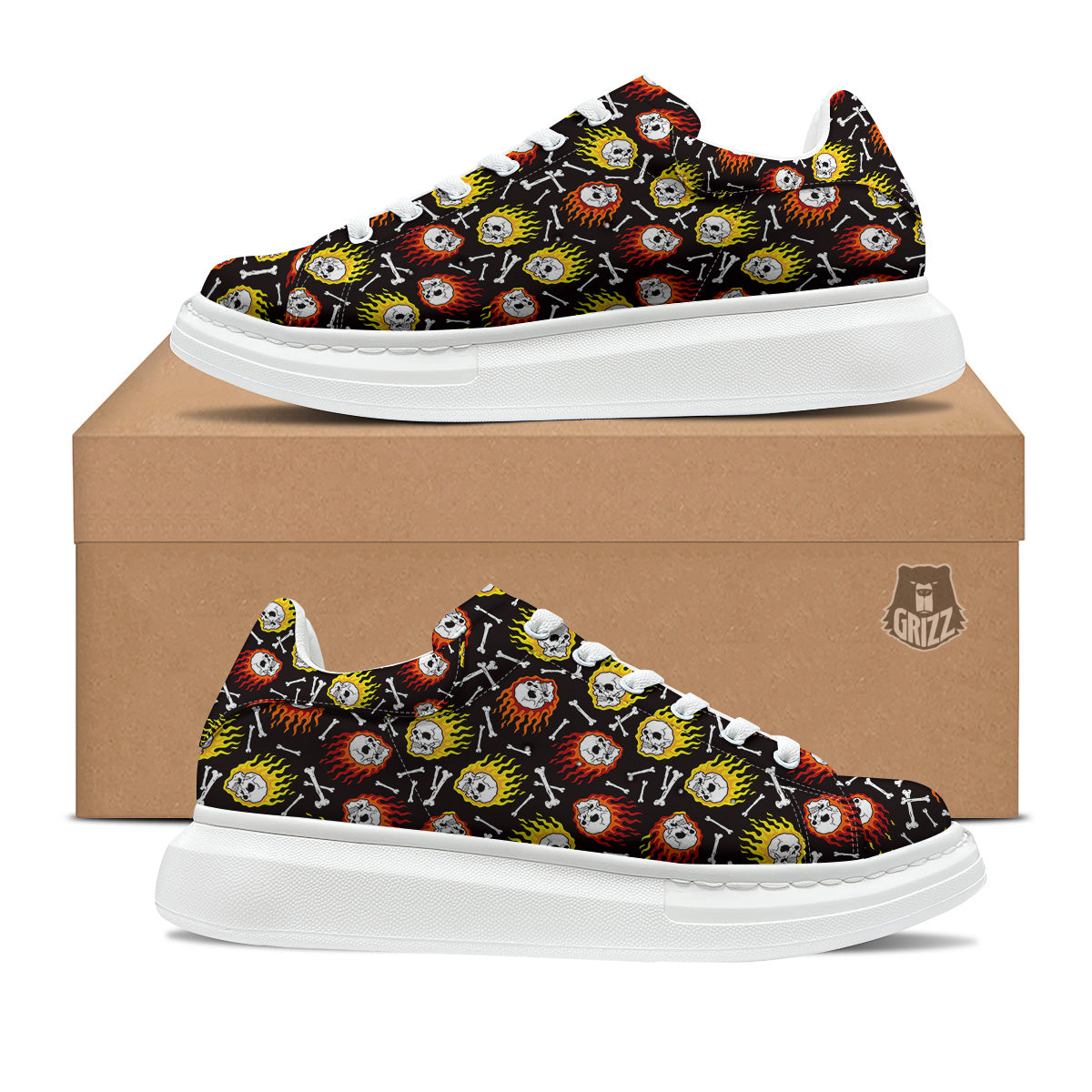 Flaming Skulls And Bone Print Pattern Platform Shoes-grizzshop