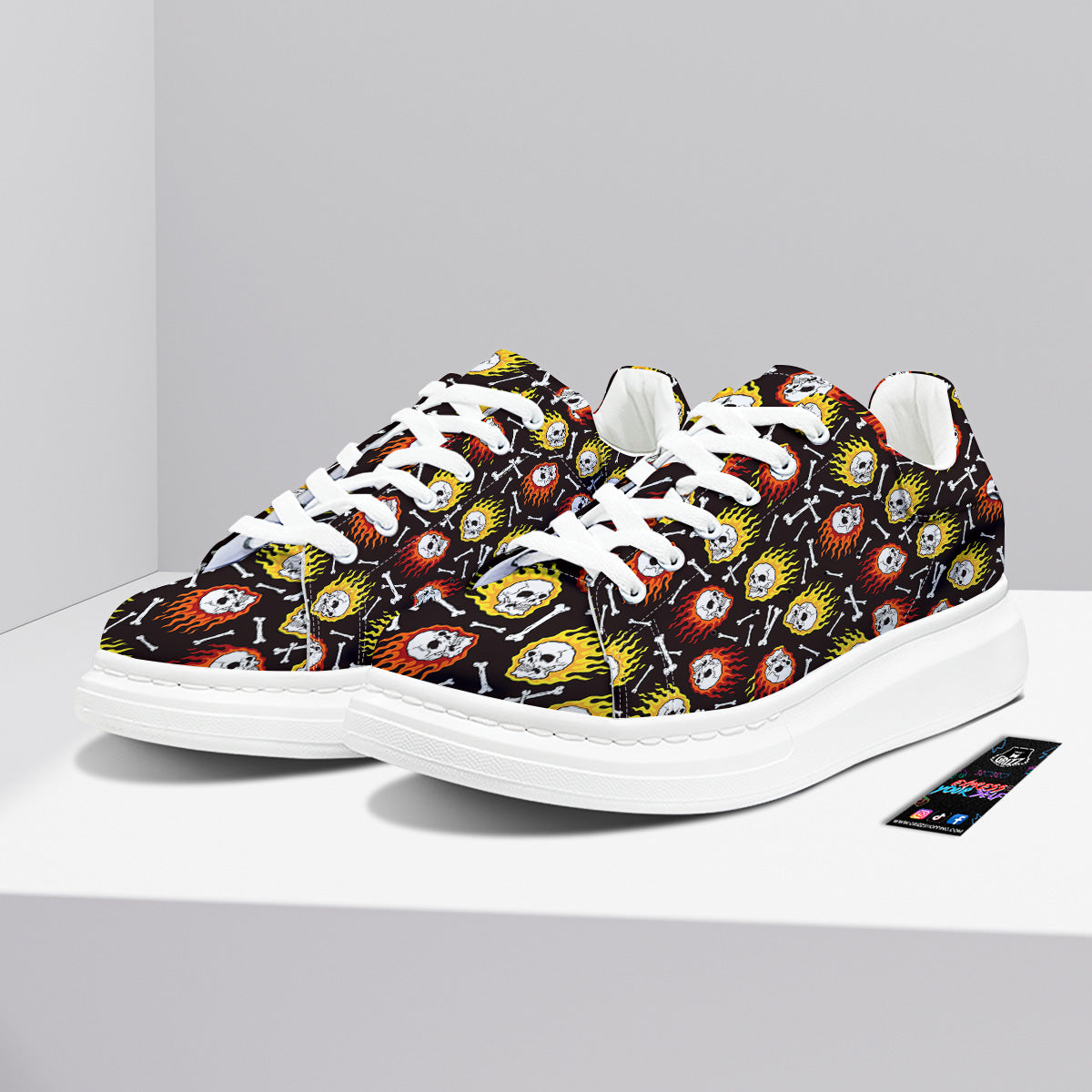 Flaming Skulls And Bone Print Pattern Platform Shoes-grizzshop