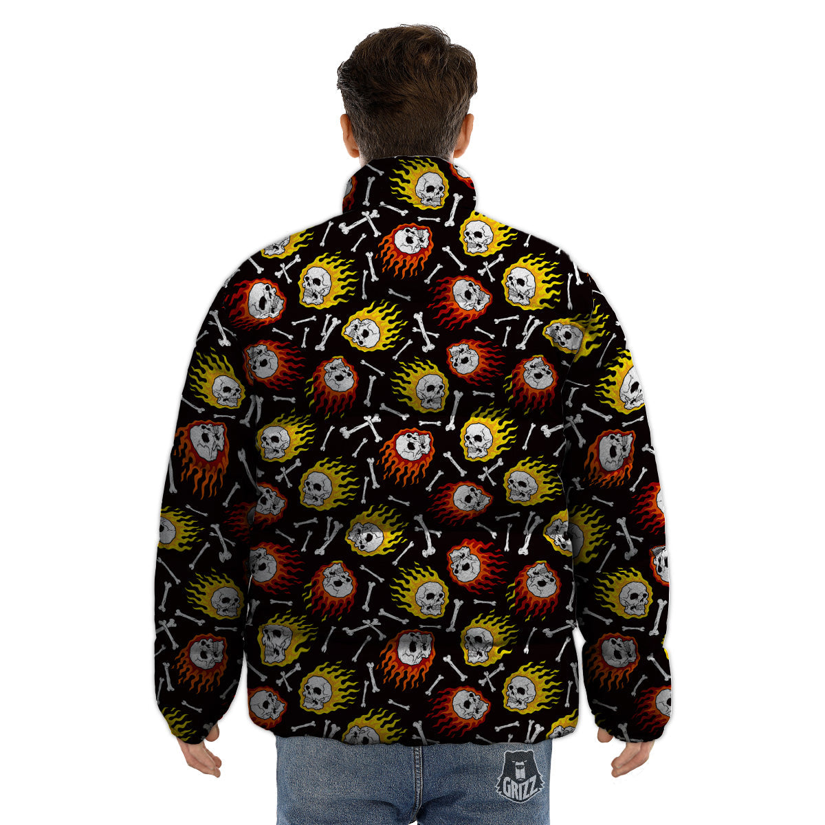 Flaming Skulls And Bone Print Pattern Puffer Jacket-grizzshop