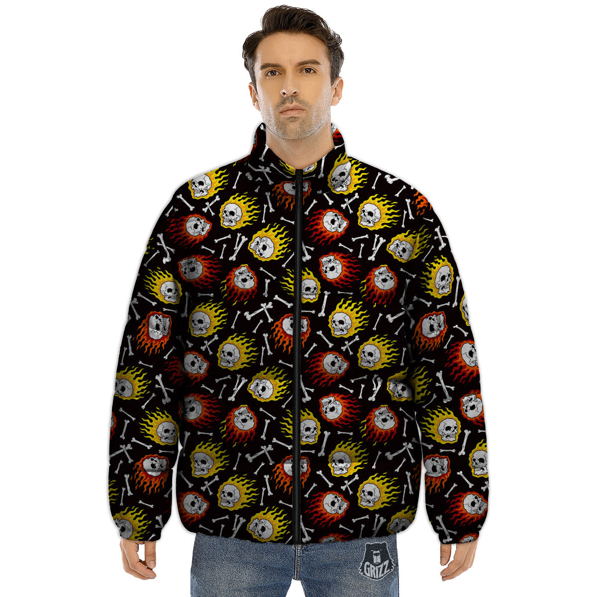 Flaming Skulls And Bone Print Pattern Puffer Jacket-grizzshop