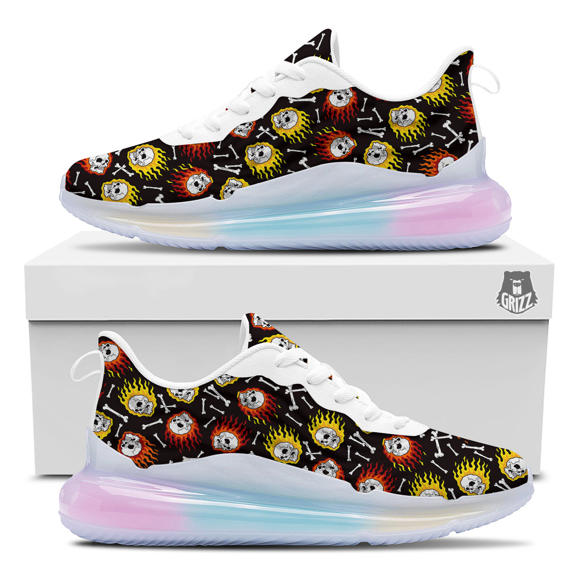 Flaming Skulls And Bone Print Pattern Running Sneakers-grizzshop
