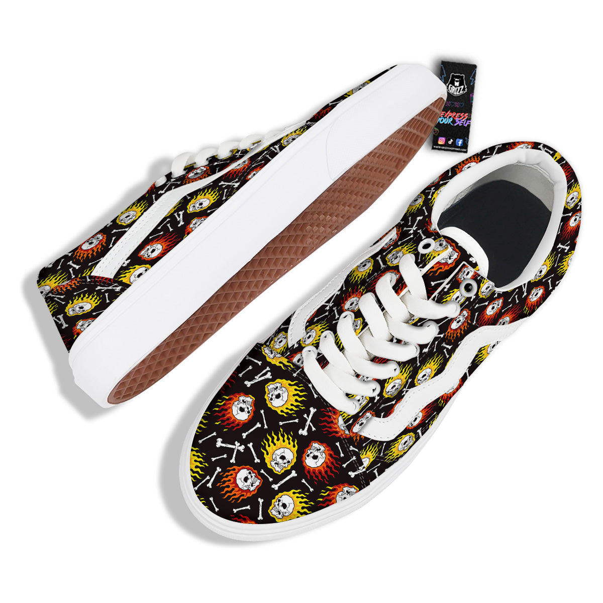 Flaming Skulls And Bone Print Pattern Skate Shoes-grizzshop