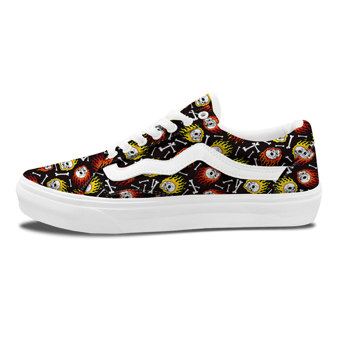Flaming Skulls And Bone Print Pattern Skate Shoes-grizzshop