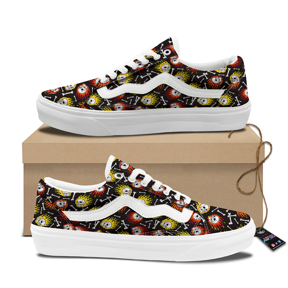Flaming Skulls And Bone Print Pattern Skate Shoes-grizzshop