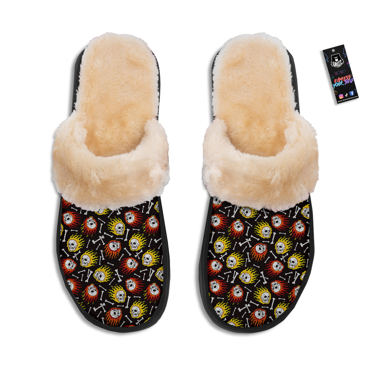 Flaming Skulls And Bone Print Pattern Slippers-grizzshop