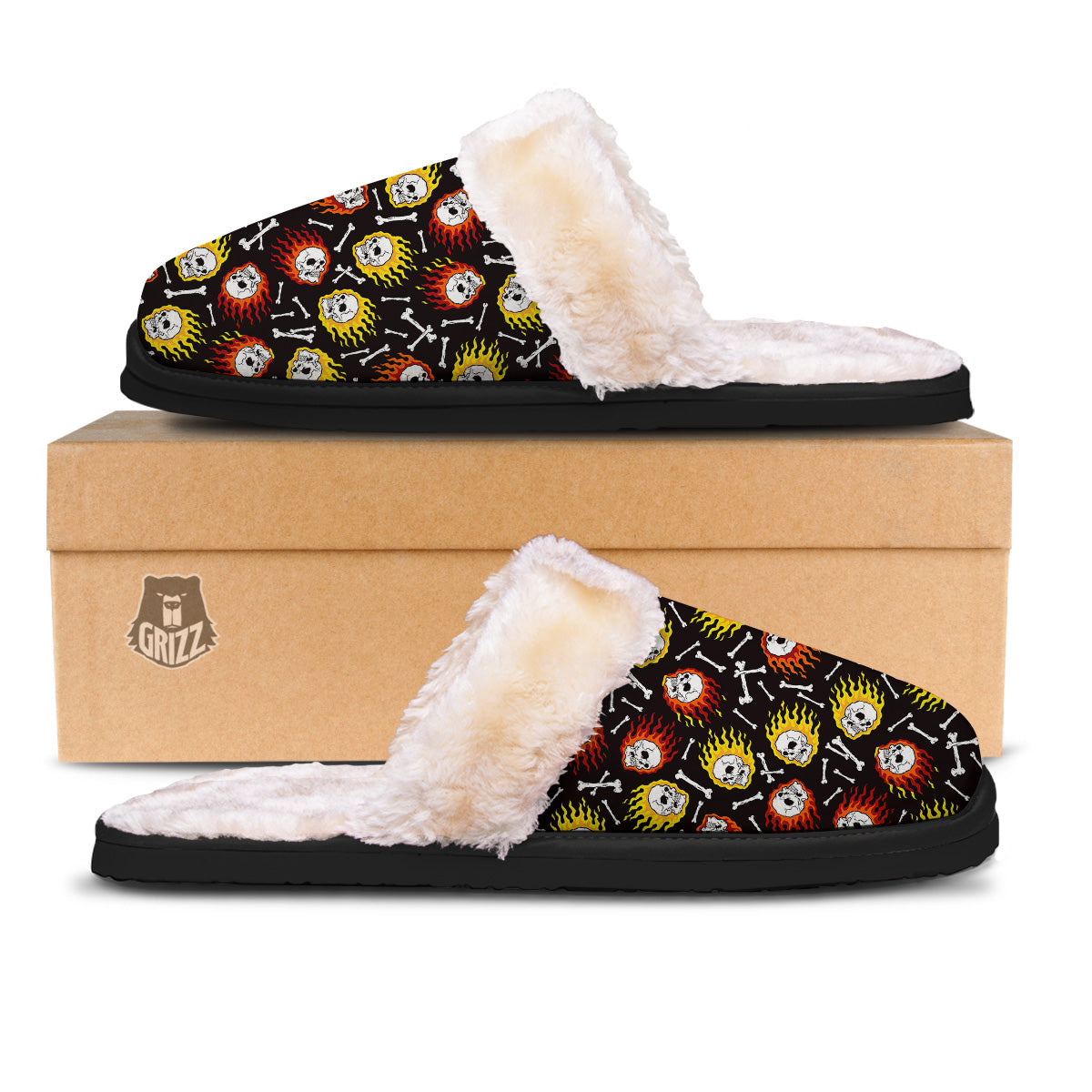 Flaming Skulls And Bone Print Pattern Slippers-grizzshop