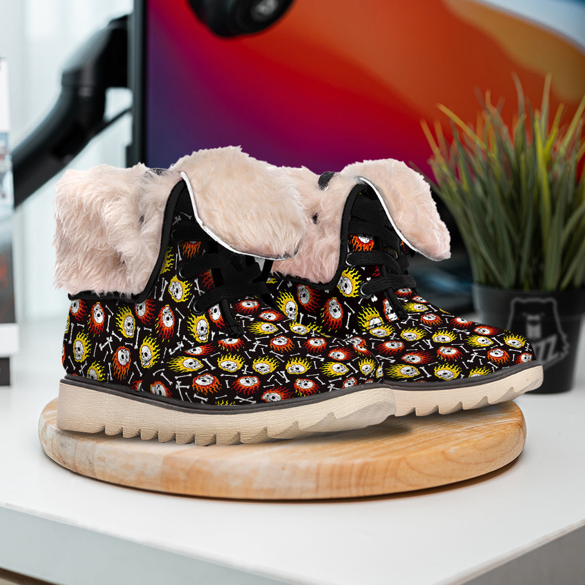 Flaming Skulls And Bone Print Pattern Snow Boots-grizzshop