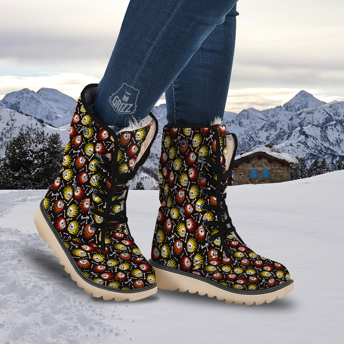 Flaming Skulls And Bone Print Pattern Snow Boots-grizzshop