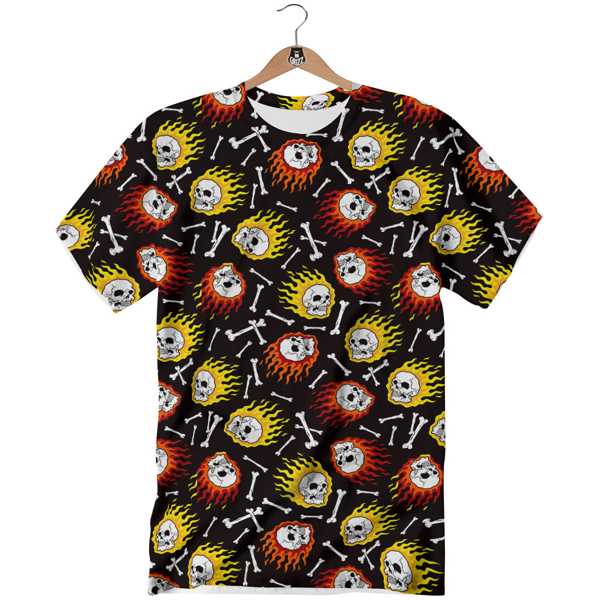 Flaming Skulls And Bone Print Pattern T-Shirt-grizzshop