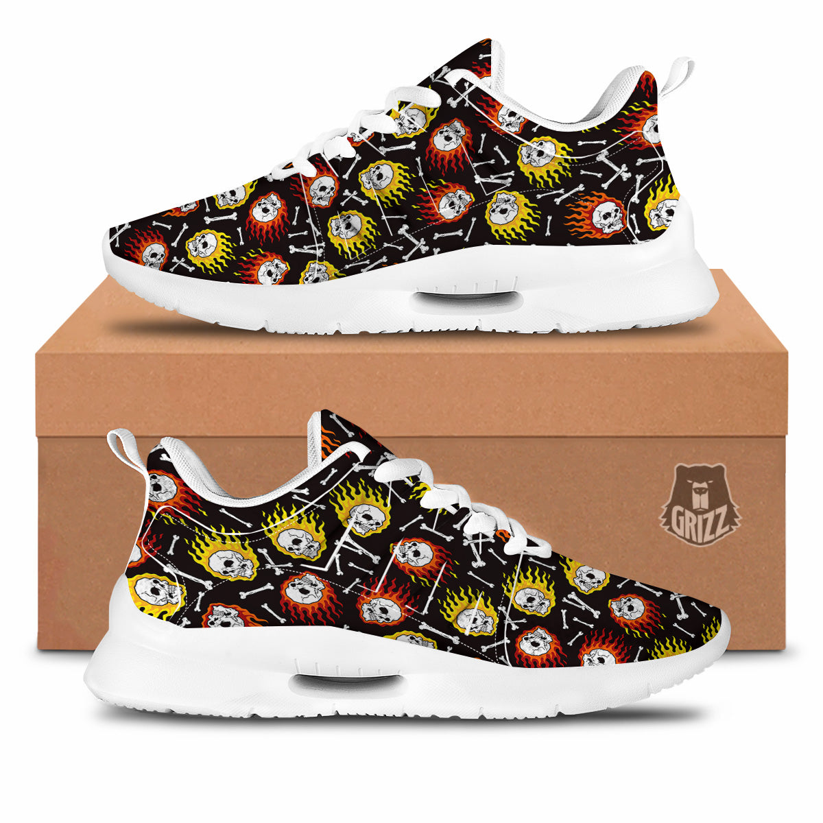 Flaming Skulls And Bone Print Pattern Tennis Shoes-grizzshop